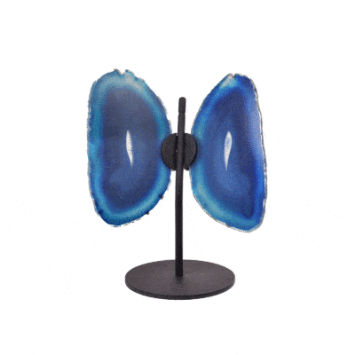 Butterfly with wings made from polished slices of natural blue agate gemstone, placed on a black, metallic base. The butterfly has a size of 17cm.