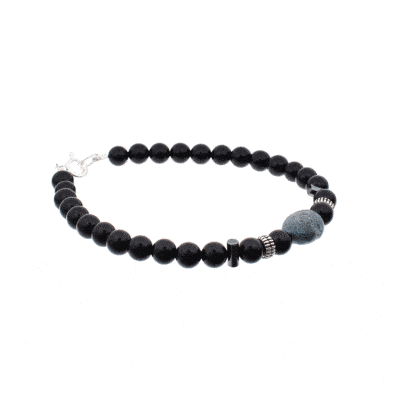 Handmade bracelet with natural spherical shaped onyx and oval shaped chrysocolla gemstones, decorated with elements made of sterling silver. Buy online shop.