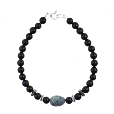 Handmade bracelet with natural spherical shaped onyx and oval shaped chrysocolla gemstones, decorated with elements made of sterling silver. Buy online shop.