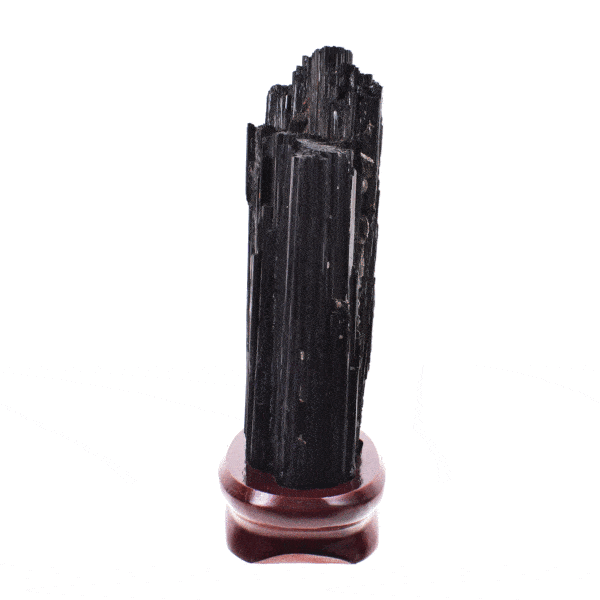 Raw 21cm piece of natural black tourmaline gemstone. The tourmaline comes with a wooden base. Buy online shop.