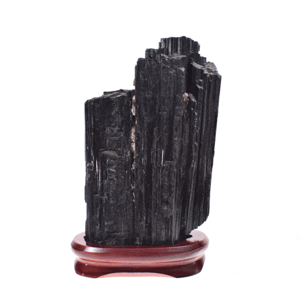 Raw 21cm piece of natural black tourmaline gemstone. The tourmaline comes with a wooden base. Buy online shop.