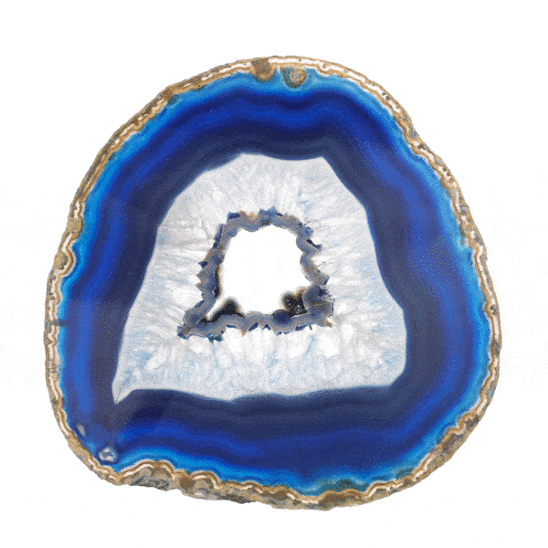 Polished 17.5cm slice of natural blue agate gemstone with crystal quartz. The slice of agate comes with a wooden base.