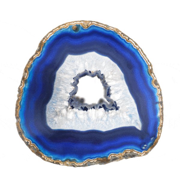 Polished 17.5cm slice of natural blue agate gemstone with crystal quartz. The slice of agate comes with a wooden base.