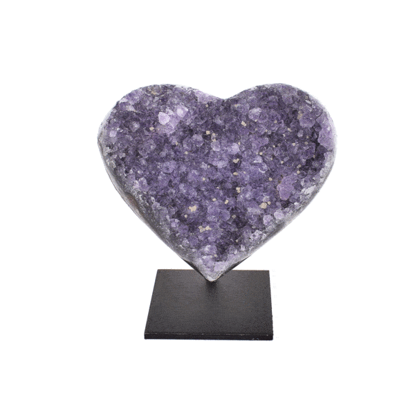 Heart made from natural Amethyst gemstone, embedded into a black, metallic base. The product has a height of 6cm. Buy online shop.