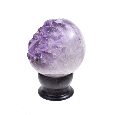 Polished 7cm sphere made from natural amethyst geode gemstone. The sphere comes with a black wooden base. Buy online shop.