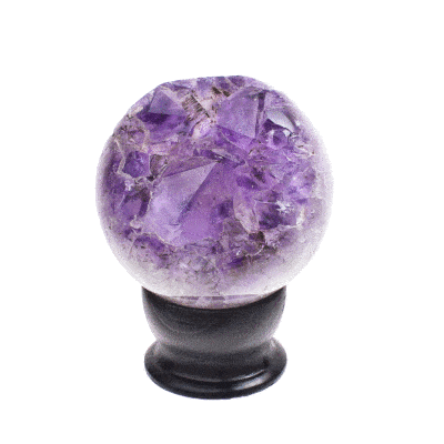 Polished 7cm sphere made from natural amethyst geode gemstone. The sphere comes with a black wooden base. Buy online shop.