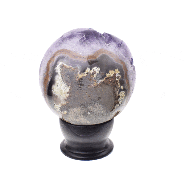 Polished 8cm sphere made from natural amethyst geode gemstone. The sphere comes with a black wooden base.