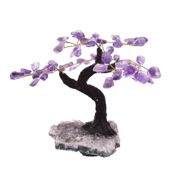 Handmade tree with leaves of natural baroque amethyst gemstones and natural amethyst gemstone base. The tree has a height of 15cm. 