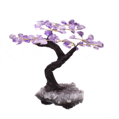 Handmade tree with leaves of natural baroque amethyst gemstones and natural amethyst gemstone base. The tree has a height of 17cm. 