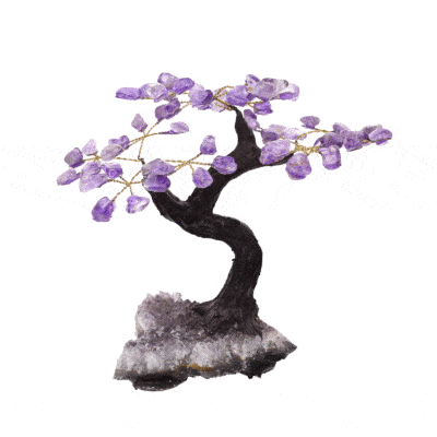 Handmade tree with leaves of natural baroque amethyst gemstones and natural amethyst gemstone base. The tree has a height of 17cm. 