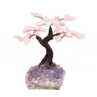 Handmade tree with leaves of natural baroque rose quartz gemstones and natural amethyst base. The tree has a height of 17cm. 