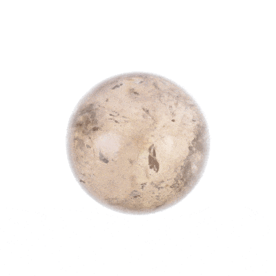 Polished 5cm diameter sphere made from natural smoky quartz gemstone. The sphere comes with a black, wooden base. 