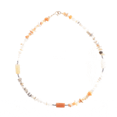 Handmade necklace made of natural, multi colored moonstone and hematite gemstones, in different shapes. The necklace has a sterling silver clasp.