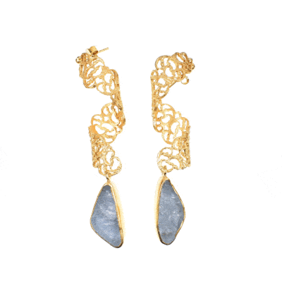 Handmade, long earrings made of gold plated sterling silver and natural aquamarine gemstone in a rough form.