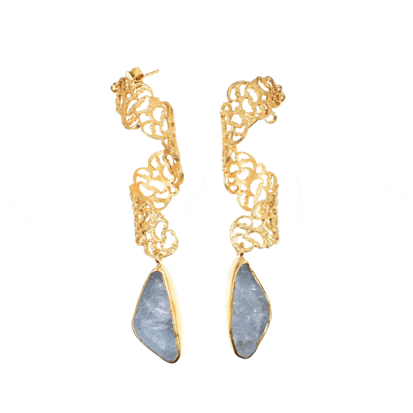 Handmade, long earrings made of gold plated sterling silver and natural aquamarine gemstone in a rough form.