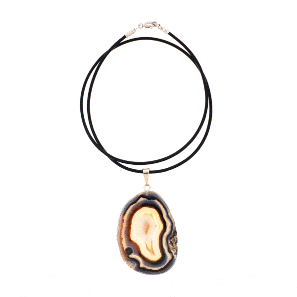 Pendant of 5cm slice of natural Agate gemstone with gold plated hypoallergenic hoop. The pendant is threaded on black leather with sterling silver clasp. 