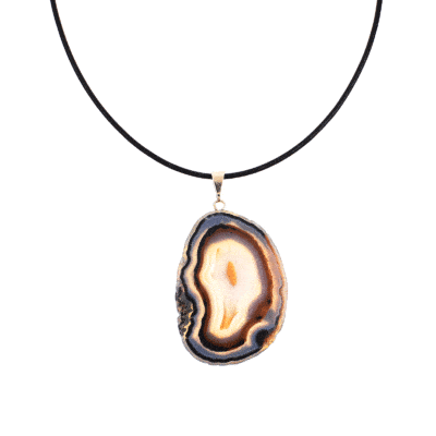 Pendant of 5cm slice of natural Agate gemstone with gold plated hypoallergenic hoop. The pendant is threaded on black leather with sterling silver clasp. 