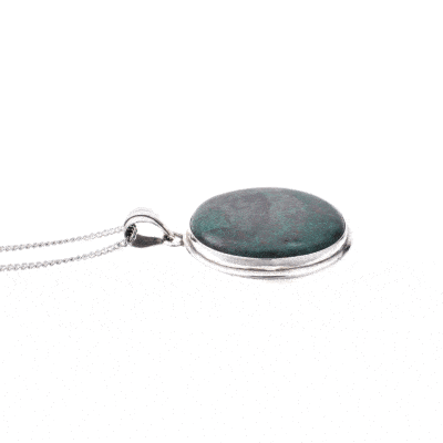 Handmade pendant made of sterling silver and natural chrysocolla gemstone, in an oval shape. The pendant is threaded on a sterling silver chain.