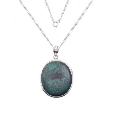 Handmade pendant made of sterling silver and natural chrysocolla gemstone, in an oval shape. The pendant is threaded on a sterling silver chain.