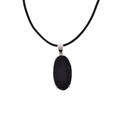 Handmade pendant made of sterling silver and natural, oval shaped black tourmaline gemstone, threaded on a black leather with sterling silver clasp.