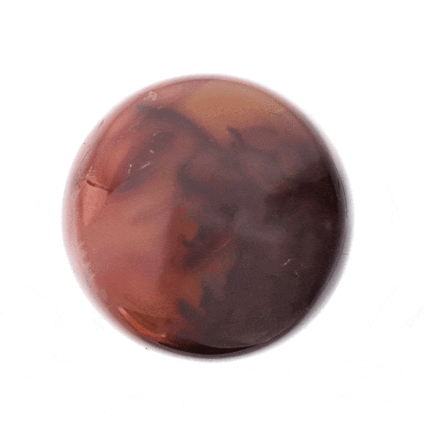 Polished 7cm diameter sphere made from natural carnelian gemstone. The sphere comes with a black plexiglass base. Buy online shop.