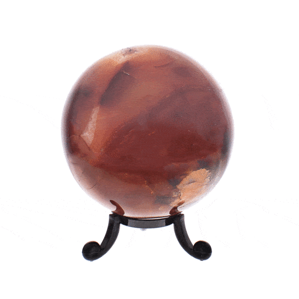 Polished 7cm diameter sphere made from natural carnelian gemstone. The sphere comes with a black plexiglass base. Buy online shop.