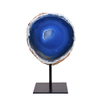 Natural agate geode gemstone with crystal quartz, embedded into a black metallic base. The product has a height of 18.5cm.