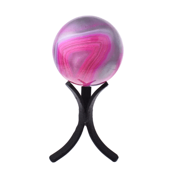 Polished 6cm sphere made from natural pink agate gemstone. The sphere comes with a black metallic base.