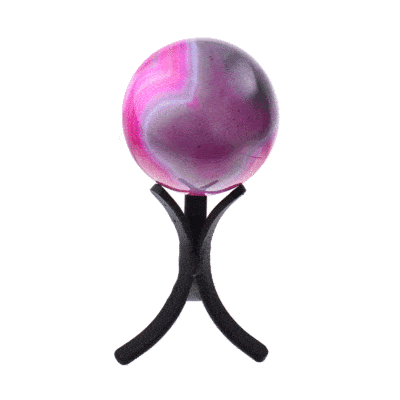 Polished 6cm sphere made from natural pink agate gemstone. The sphere comes with a black metallic base.