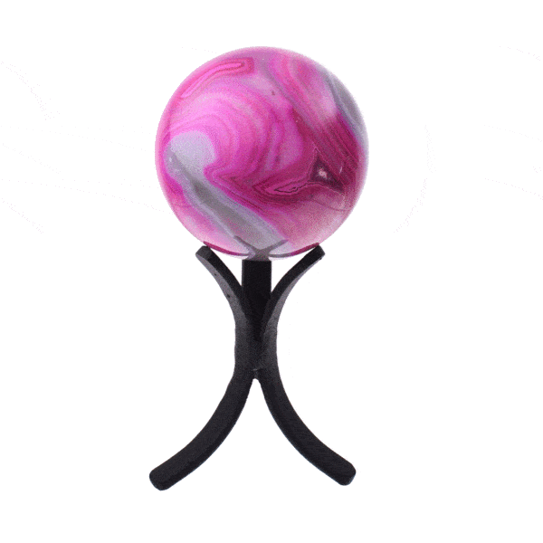 Polished 6cm sphere made from natural pink agate gemstone. The sphere comes with a black metallic base.