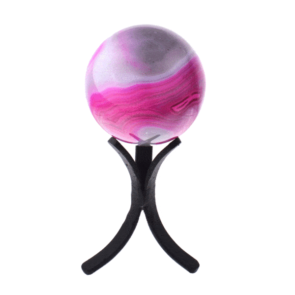 Polished 6cm sphere made from natural pink agate gemstone. The sphere comes with a black metallic base.