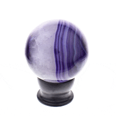 Polished sphere made from natural purple agate gemstone. The sphere has a diameter of 7.5cm and it comes with a black wooden base.