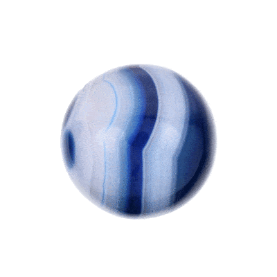 Polished 5.5cm diameter sphere made from natural blue agate gemstone. The sphere comes with a black, wooden base.