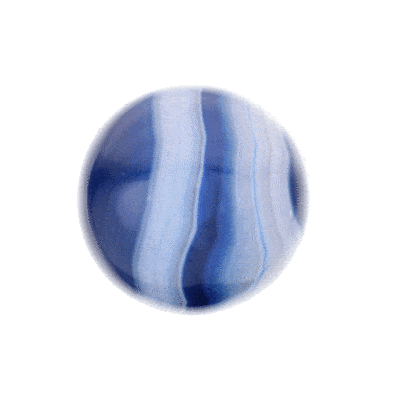 Polished 5.5cm diameter sphere made from natural blue agate gemstone. The sphere comes with a black, wooden base.