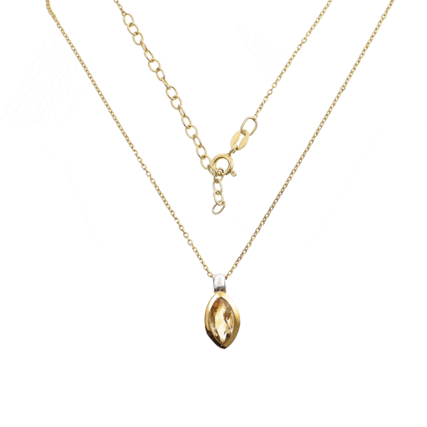 Handmade pendant made of sterling silver with gold plated bezel and natural citrine quartz gemstone, in a marquise shape. The pendant is threaded on a gold plated sterling silver chain with adjustable length. 