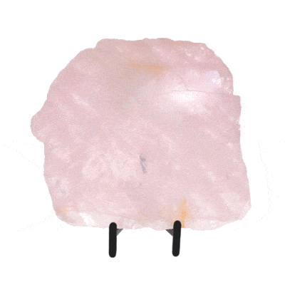 Polished 27.5cm slice of natural rose quartz gemstone. The slice comes with a black, metallic base. 