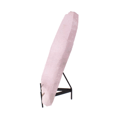 Polished 27.5cm slice of natural rose quartz gemstone. The slice comes with a black, metallic base. 