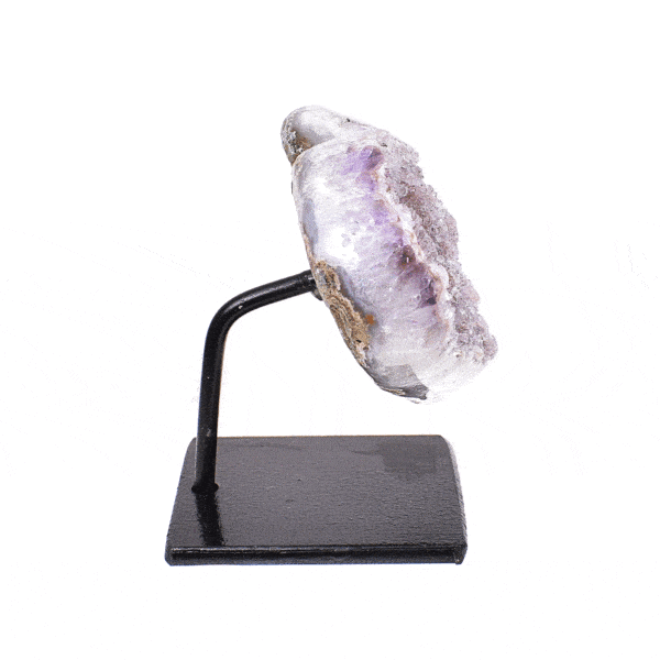 Natural amethyst gemstone in the shape of a heart, embedded into a black, metallic base. The product has a height of 6cm. Buy online shop.