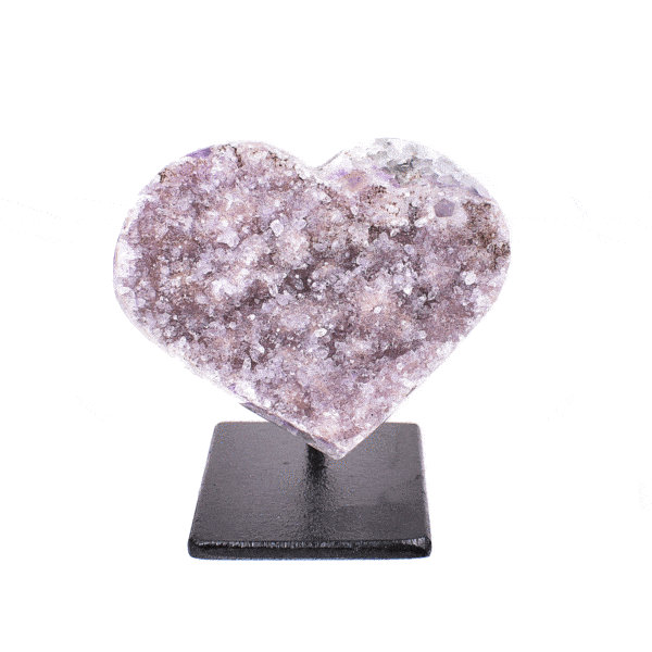 Natural amethyst gemstone in the shape of a heart, embedded into a black, metallic base. The product has a height of 6cm. Buy online shop.