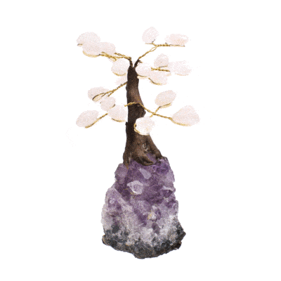 Handmade 12.5cm tree with leaves of natural baroque rose quartz gemstones and natural amethyst gemstone base. 