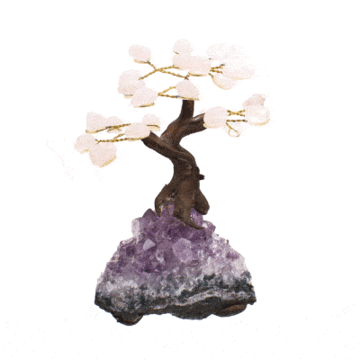 Handmade 12.5cm tree with leaves of natural baroque rose quartz gemstones and natural amethyst gemstone base. 