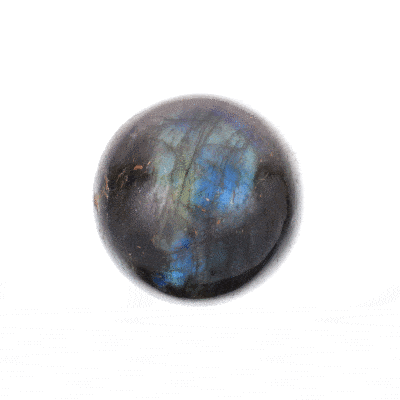 Polished 5.5 diameter sphere made from natural labradorite gemstone. The sphere comes with a black, wooden base. 