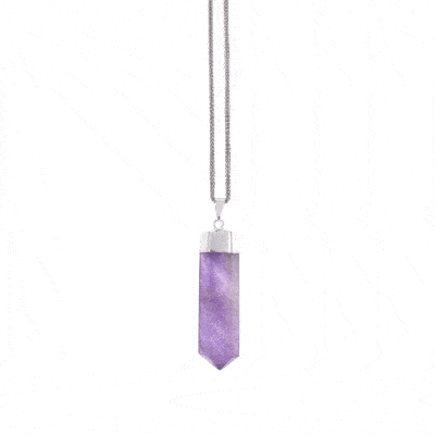 Pendant made of silver plated hypoallergenic metal and natural amethyst gemstone. Buy online shop.