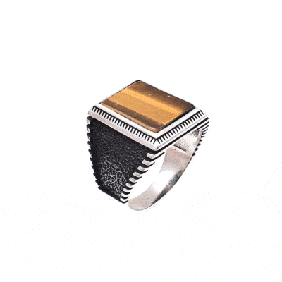 Handmade ring made of sterling silver and tiger eye gemstone, in a parallelogram shape. Buy online shop.
