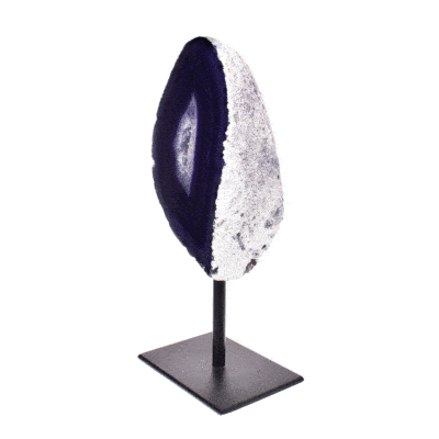 Natural purple agate geode gemstone with crystal quartz, embedded into a black metallic base. The product has a height of 16.5cm. 