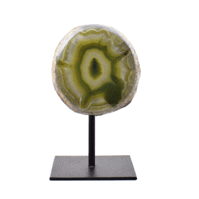 Natural green agate geode gemstone with crystal quartz, embedded into a black metallic base. The product has a height of 14.5cm. Buy online shop.