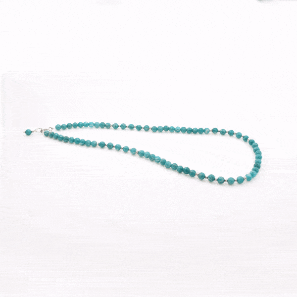 Handmade necklace made of natural, shperical shaped amazonite and hematite gemstones and decorative elements made of sterling silver. Buy online shop.