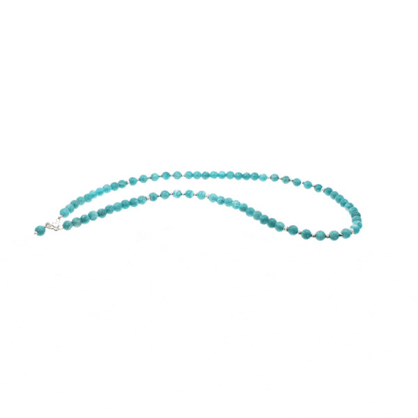 Handmade necklace made of natural, shperical shaped amazonite and hematite gemstones and decorative elements made of sterling silver. Buy online shop.