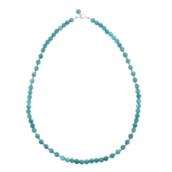 Handmade necklace made of natural, shperical shaped amazonite and hematite gemstones and decorative elements made of sterling silver. Buy online shop.