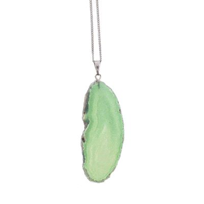 Pendant made of natural, polished slice of green agate gemstone, threaded on a sterling silver chain. 